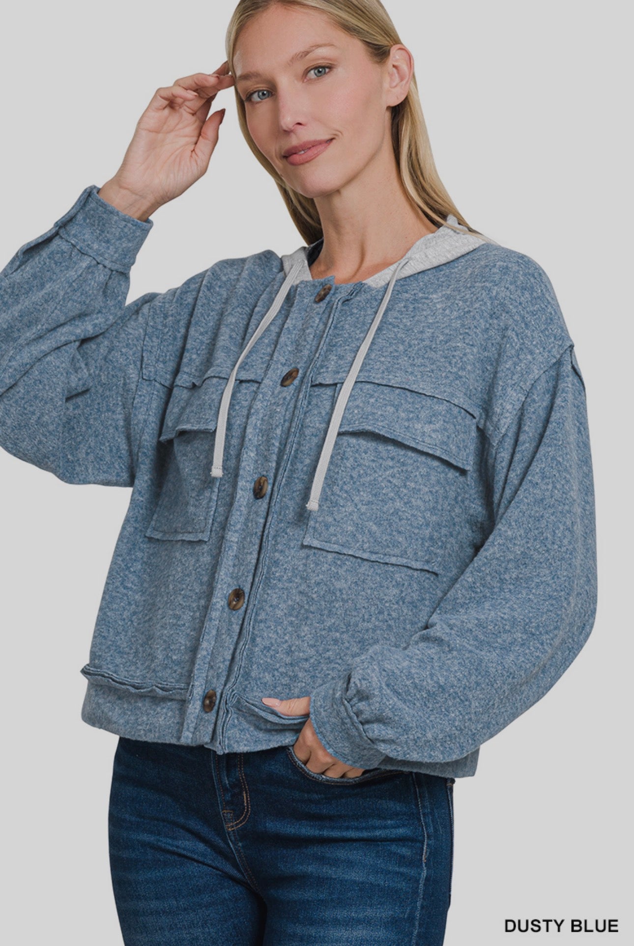 Brushed Hacci button down Dusty blue