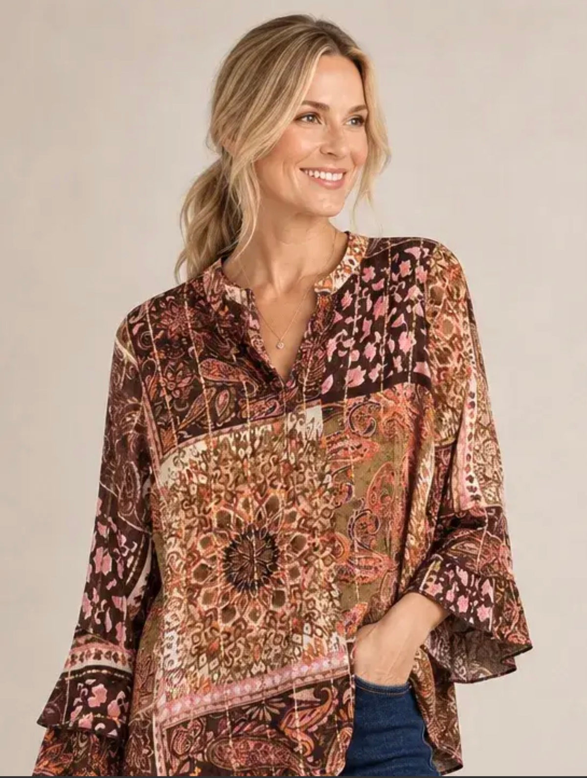 Paisley Crepe Lurex Ruffle Sleeve Blouse