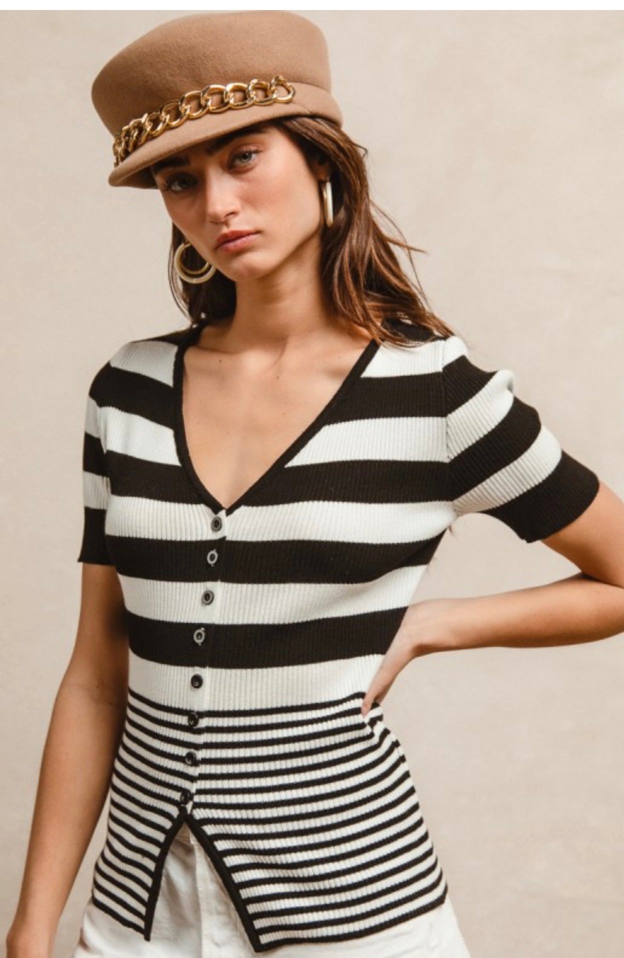 Uptown black and white strip button top