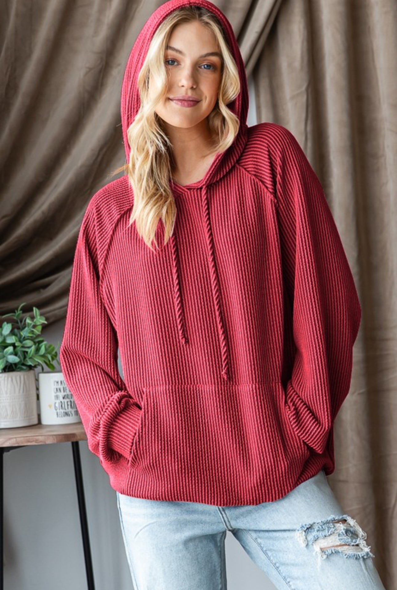 Ribbed Cabernet Hooded Top