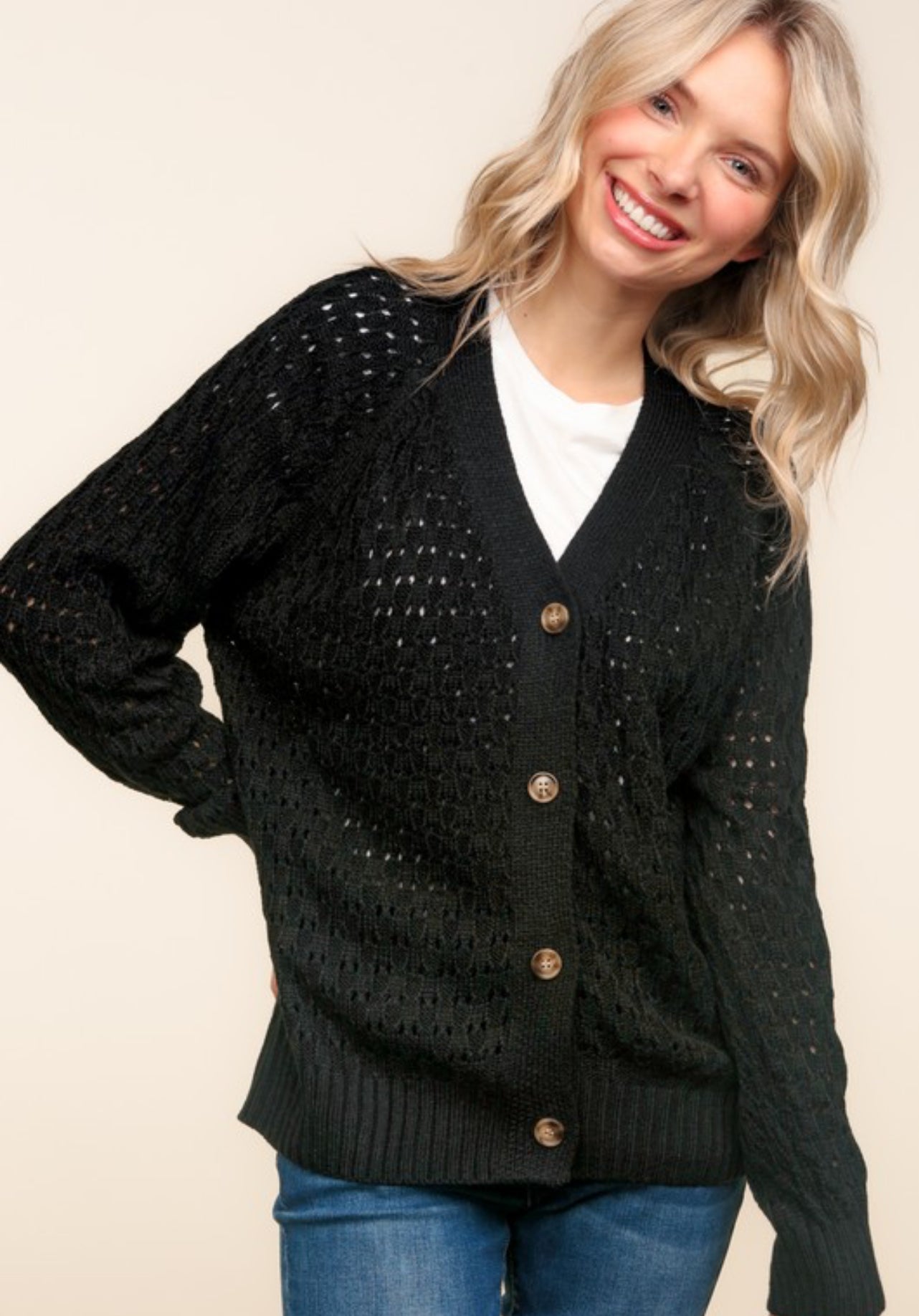 Cable Knit Button Sweater Black