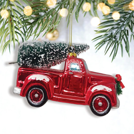 Traditional Red Truck with Ornamental Tree Glass Christmas Ornament