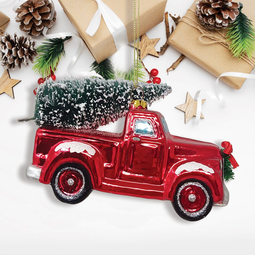 Traditional Red Truck with Ornamental Tree Glass Christmas Ornament