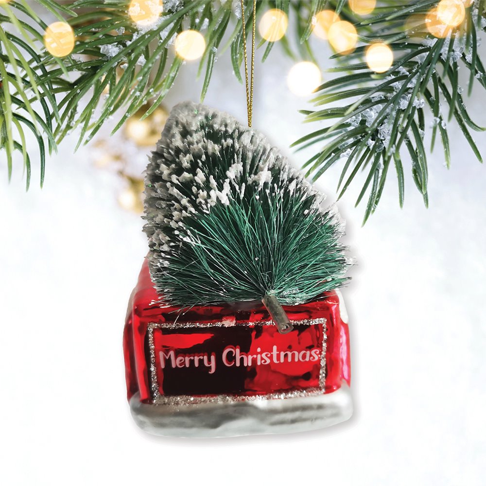 Traditional Red Truck with Ornamental Tree Glass Christmas Ornament