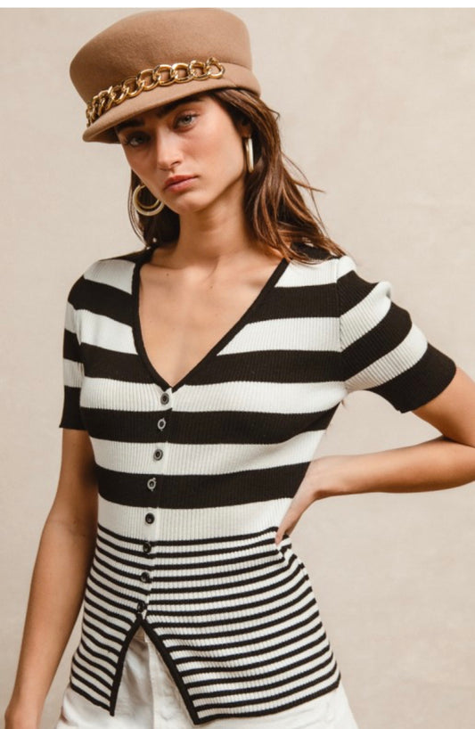 Uptown black and white strip button top