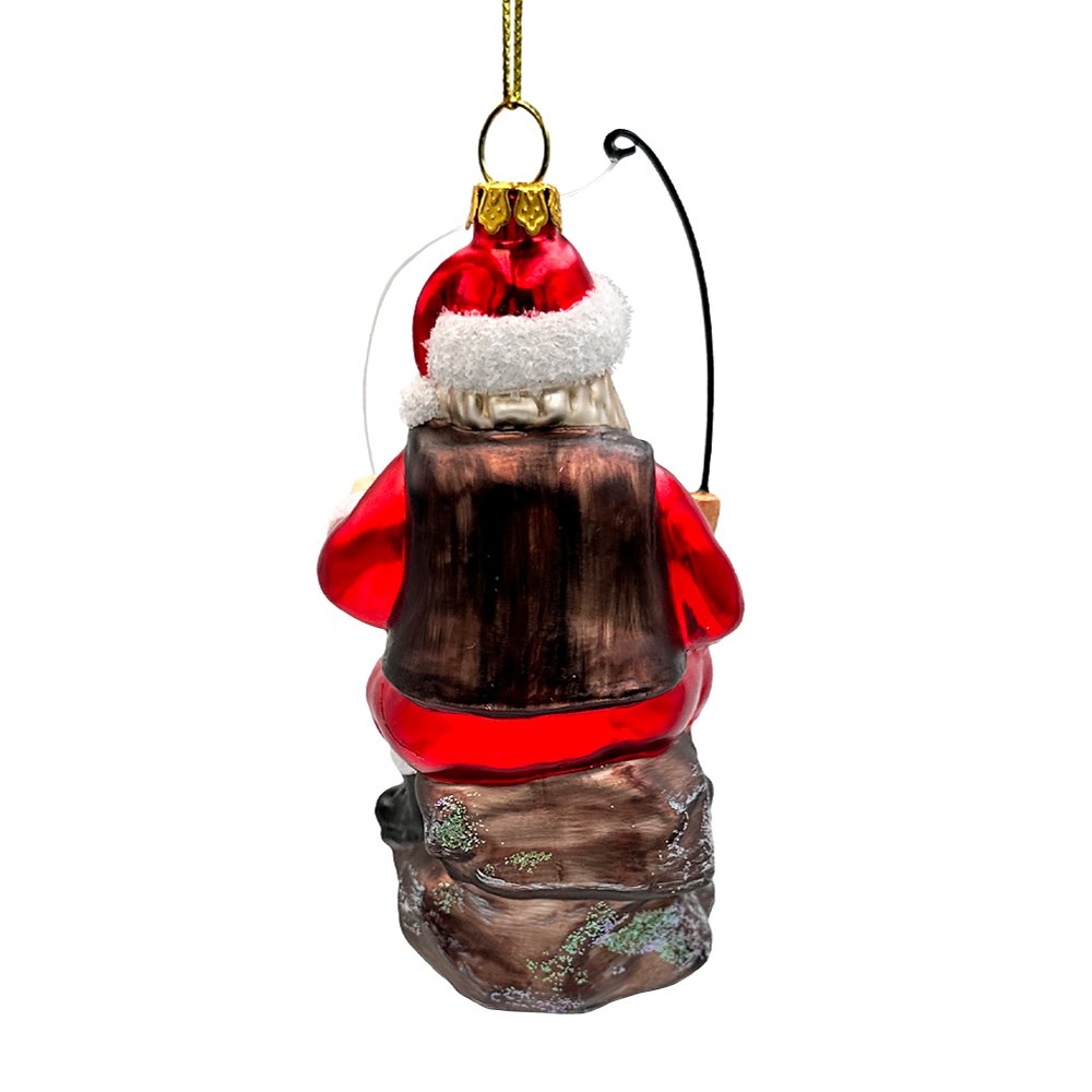 Relaxing Santa Claus Fishing Ornament, Hand Blown Glass Fisherman Gift Decor